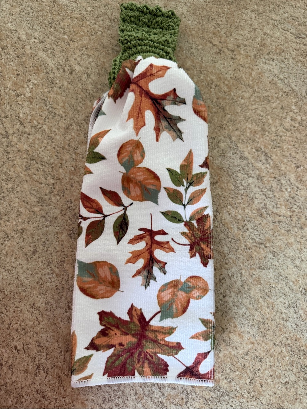 Autumn Leaves Hanging Kitchen Towel with Green Crochet Top